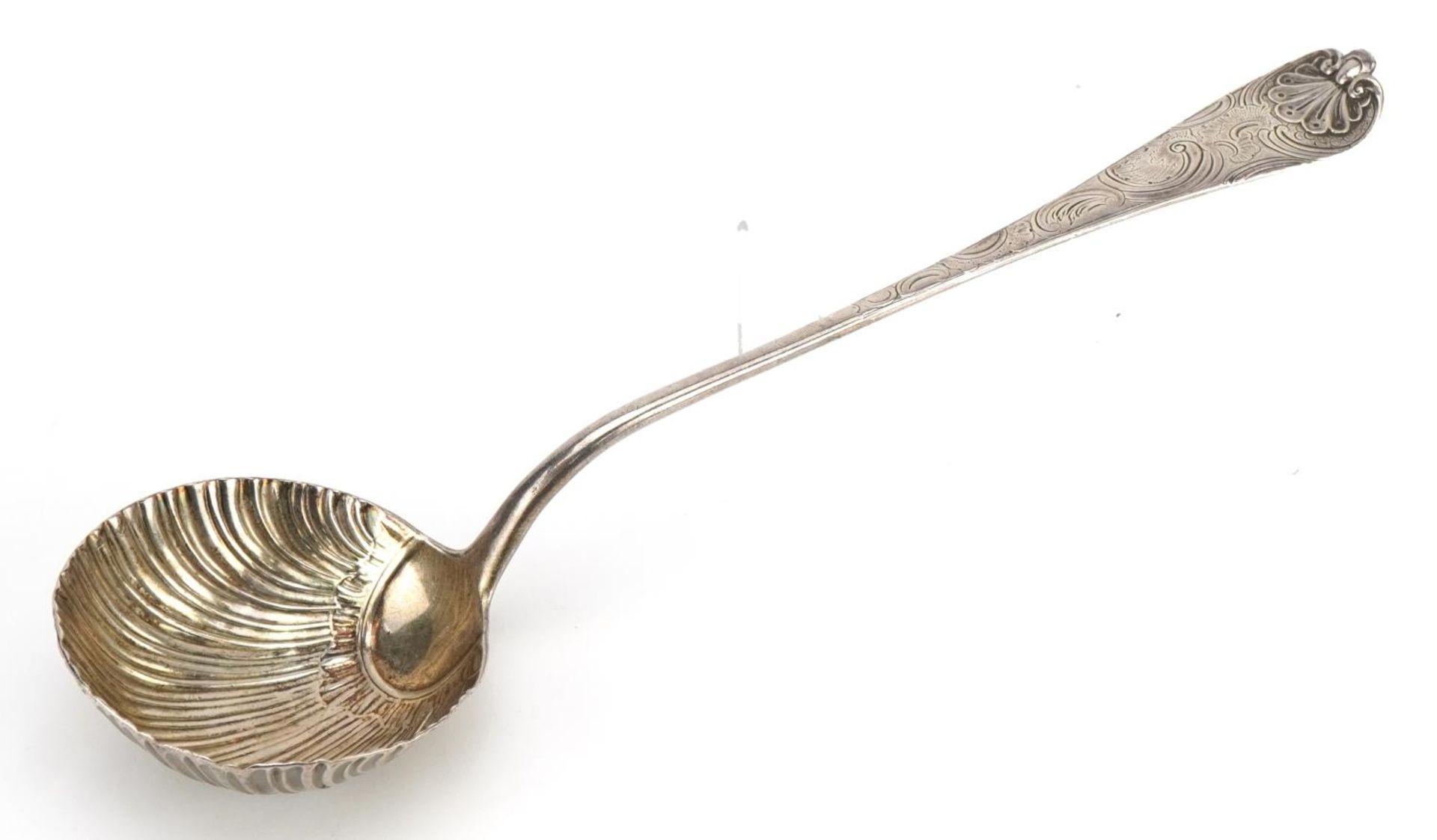 Georgian silver ladle with embossed shell design bowl, indistinct hallmarks, possibly London 1754,