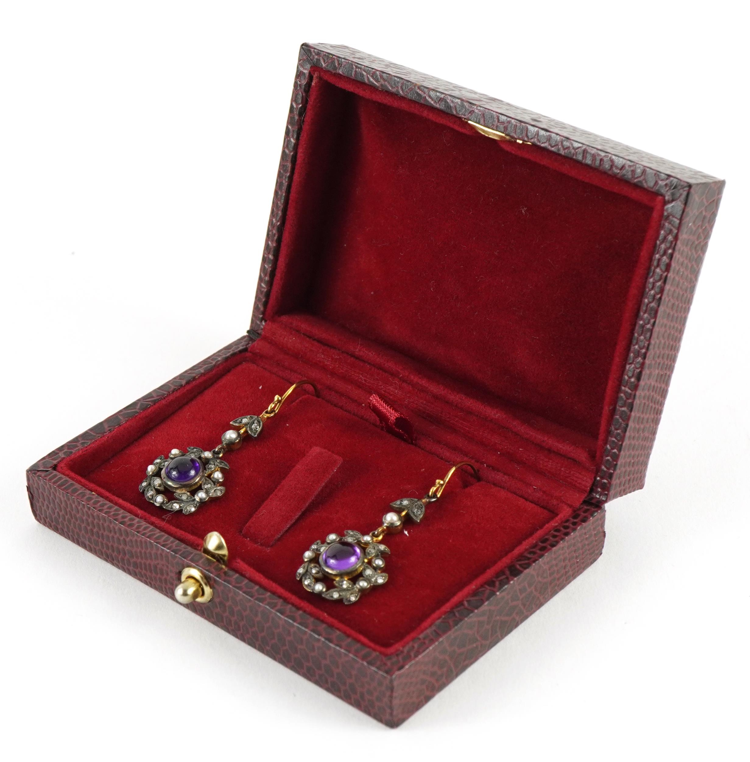 Pair of 9ct gold and silver cabochon amethyst, seed pearl and diamond flower head drop earrings, 4. - Image 3 of 3