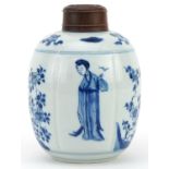 Chinese blue and white porcelain ginger jar with hardwood cover hand painted with roundels of