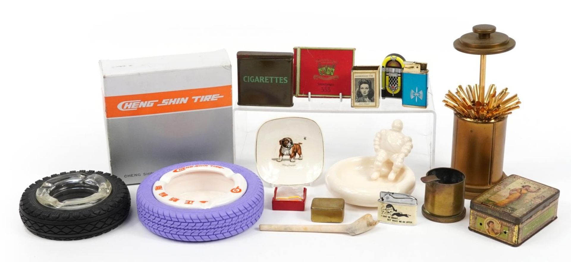 Vintage and later smoking items including a Cheng Shin rubber tyre ashtray, trench art ashtray,