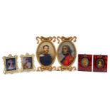 Three pairs of portrait miniatures including a gentleman in naval dress and females, each framed,