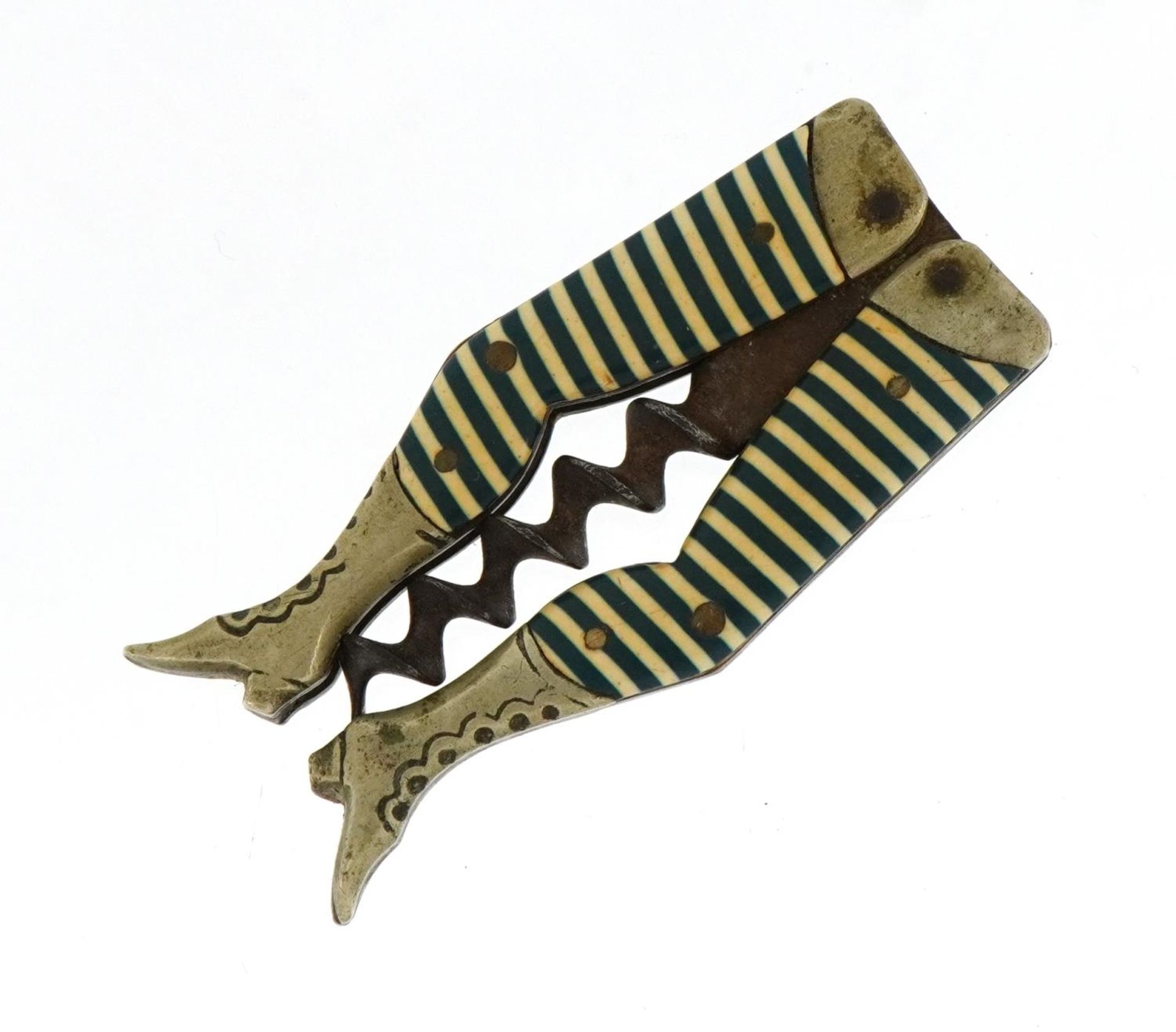 Antique German celluloid legs design corkscrew with steel worm, 13cm wide when open - Bild 2 aus 3