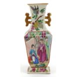 Chinese Canton porcelain flat sided vase with twin handles hand painted in the famille rose