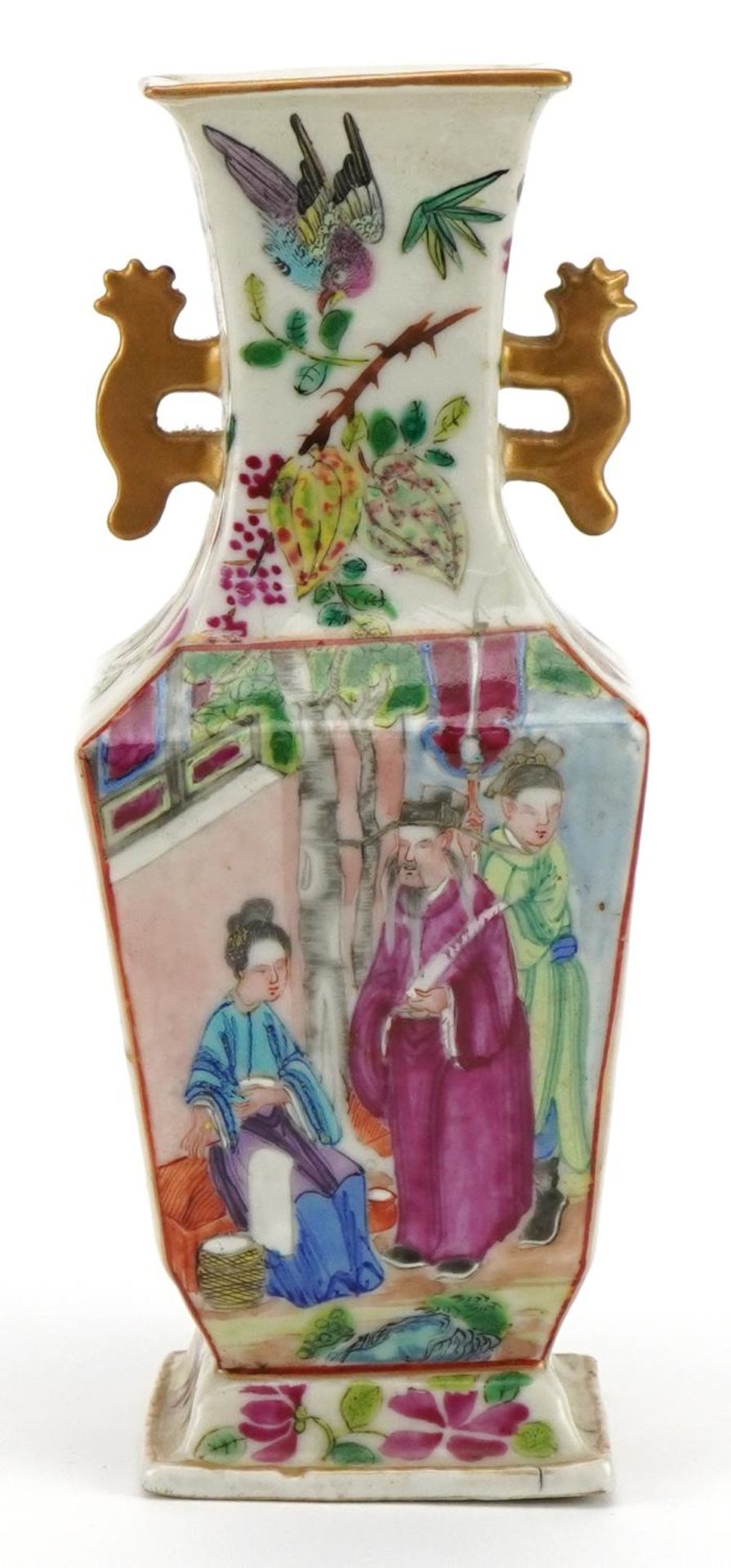 Chinese Canton porcelain flat sided vase with twin handles hand painted in the famille rose