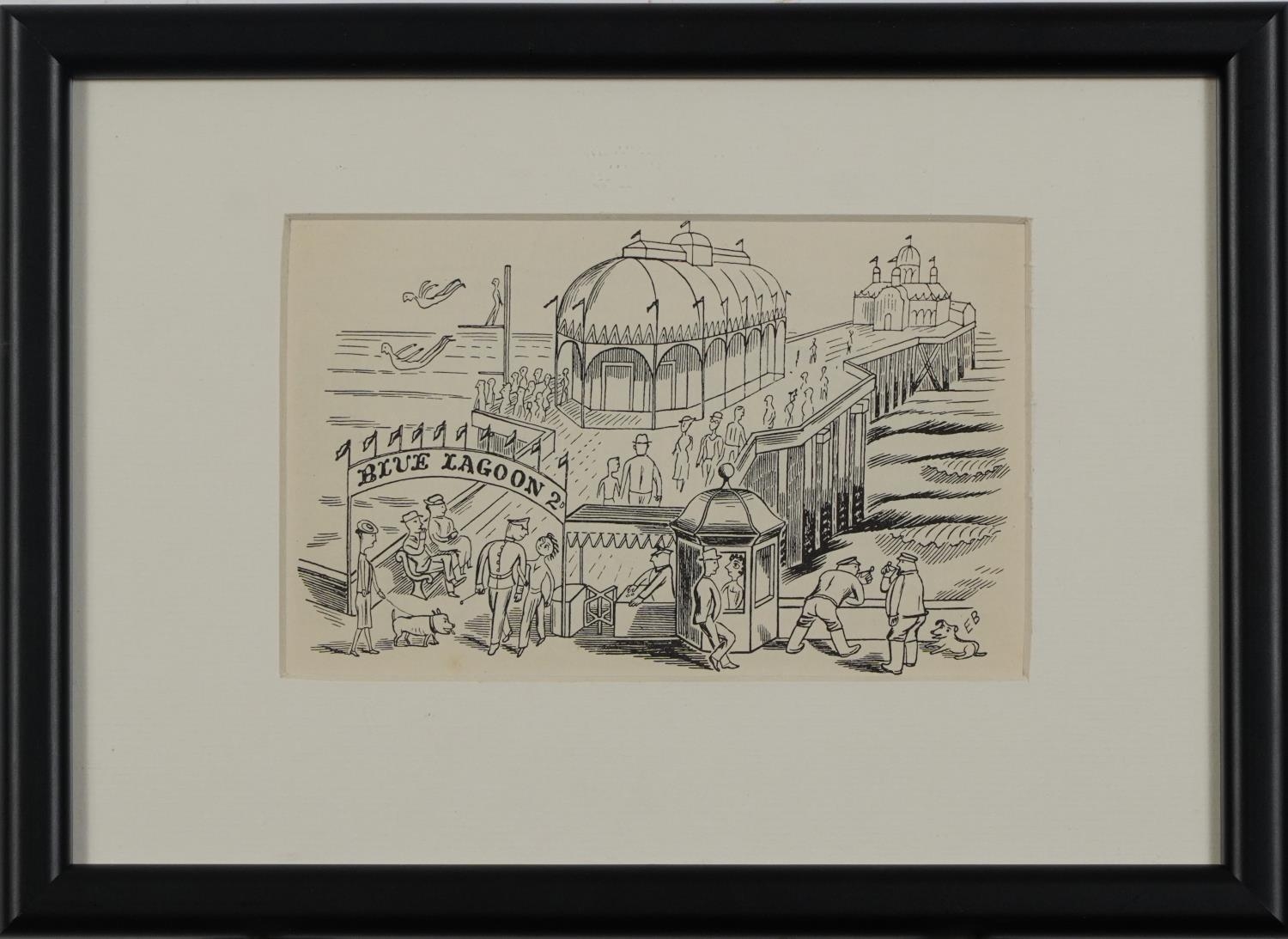 Edward Bawden - Figures on a pier, mid 20th century print, inscribed verso Line drawing from