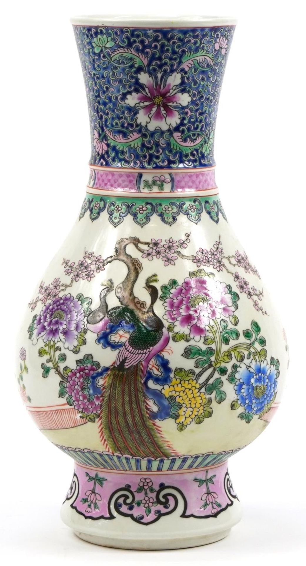 Chinese porcelain vase hand painted in the famille rose palette with birds of paradise amongst