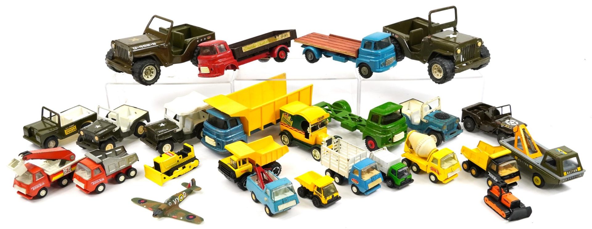 Collection of vintage and later diecast and tinplate vehicles including Tonka and Tri-ang, the