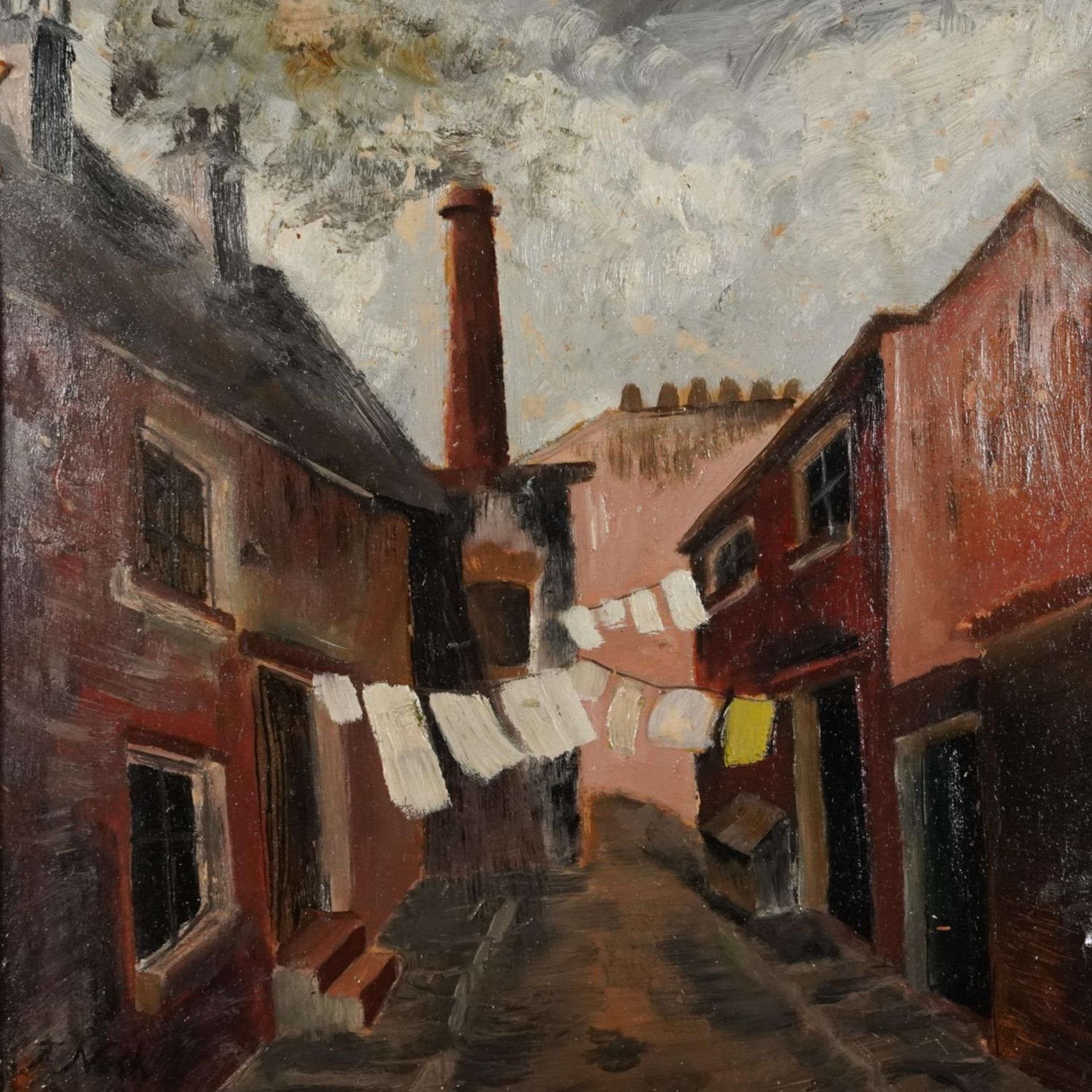 After John Nash - Street scene with cottages, oil on board, framed, 26cm x 25.5cm excluding the