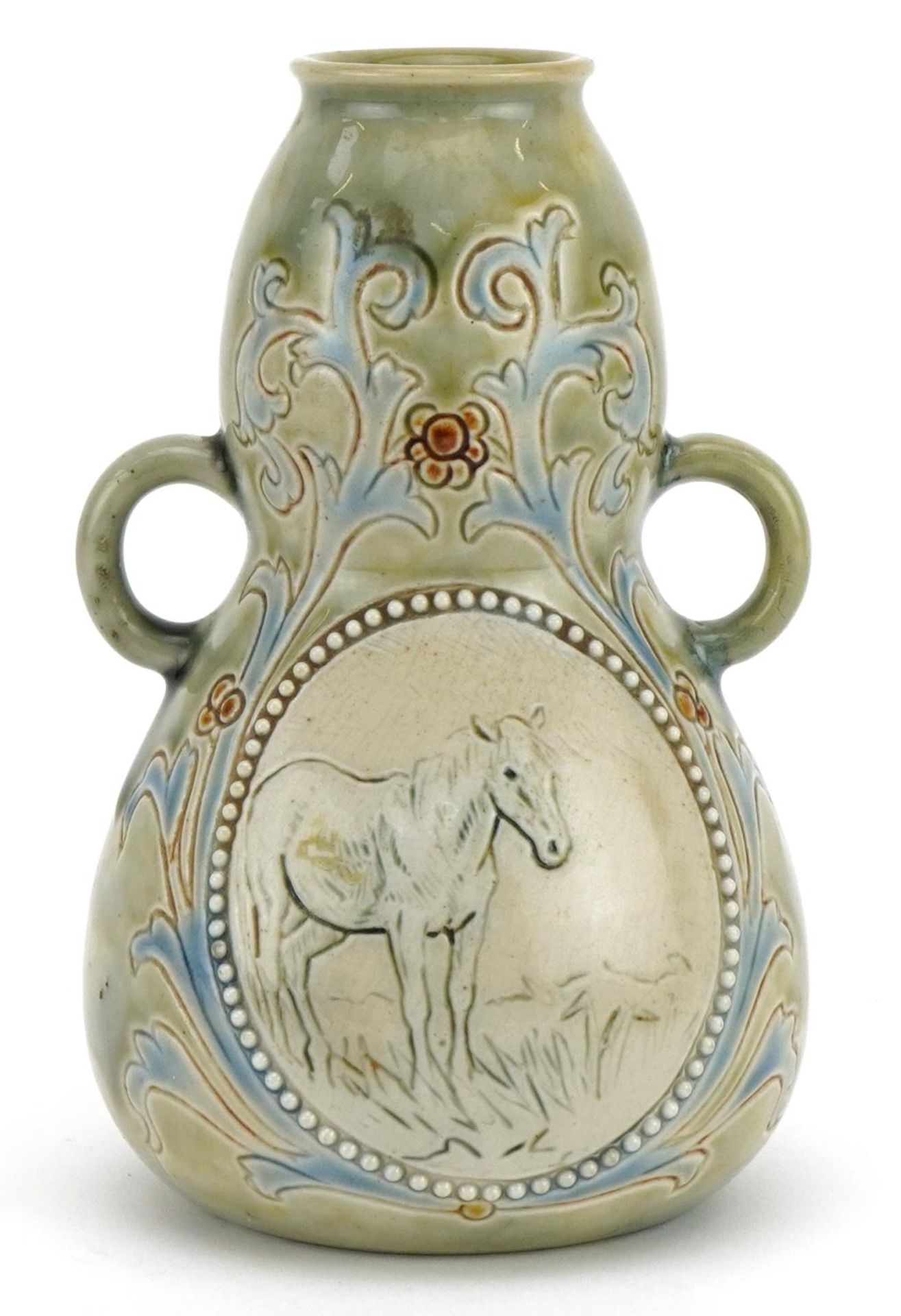 Hannah Barlow for Royal Doulton, Art Nouveau double gourd twin handled vase incised with a horse and - Bild 2 aus 3