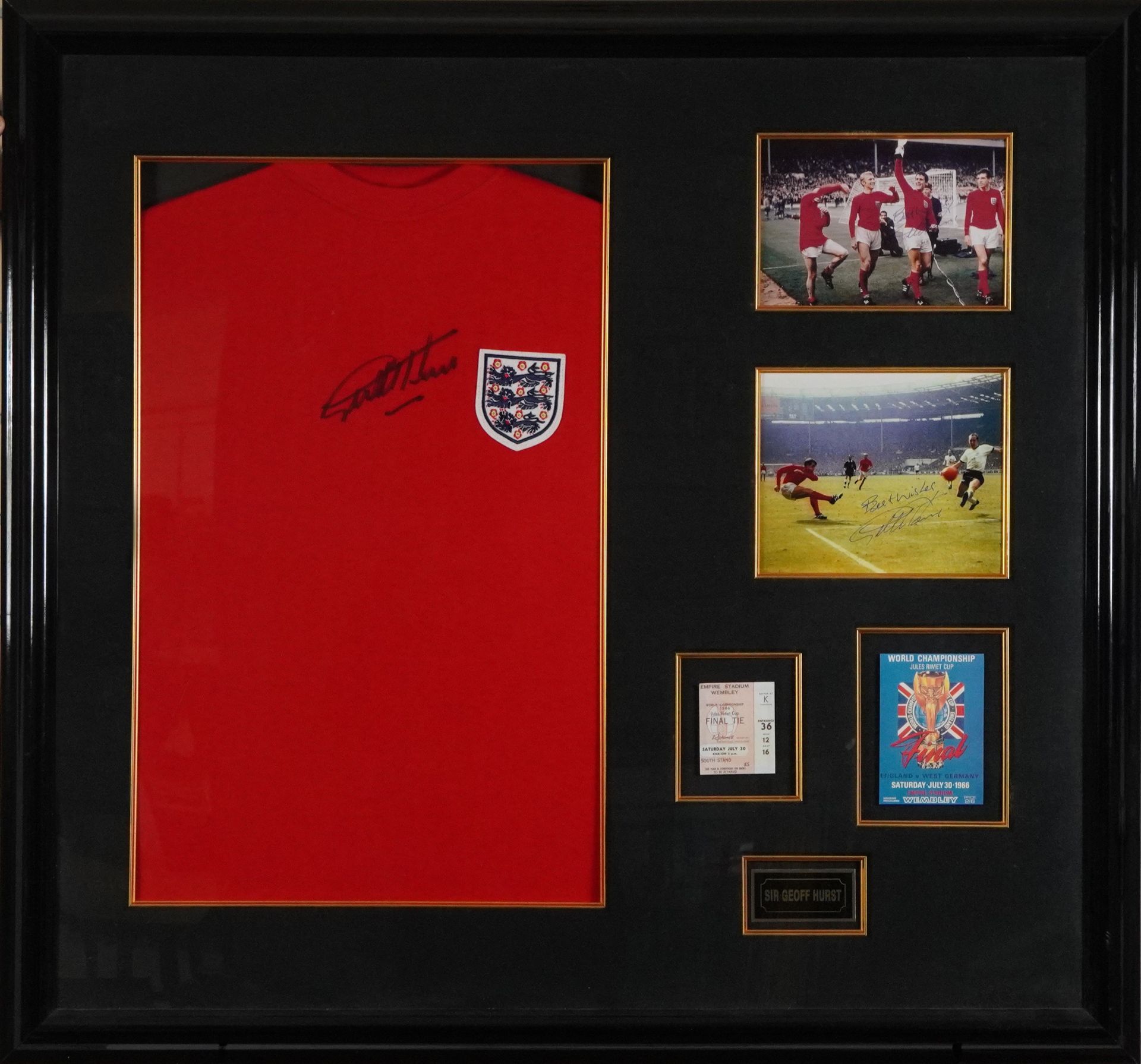 Footballing interest Sir Geoff Hurst display with signed jersey and facsimile World Championship