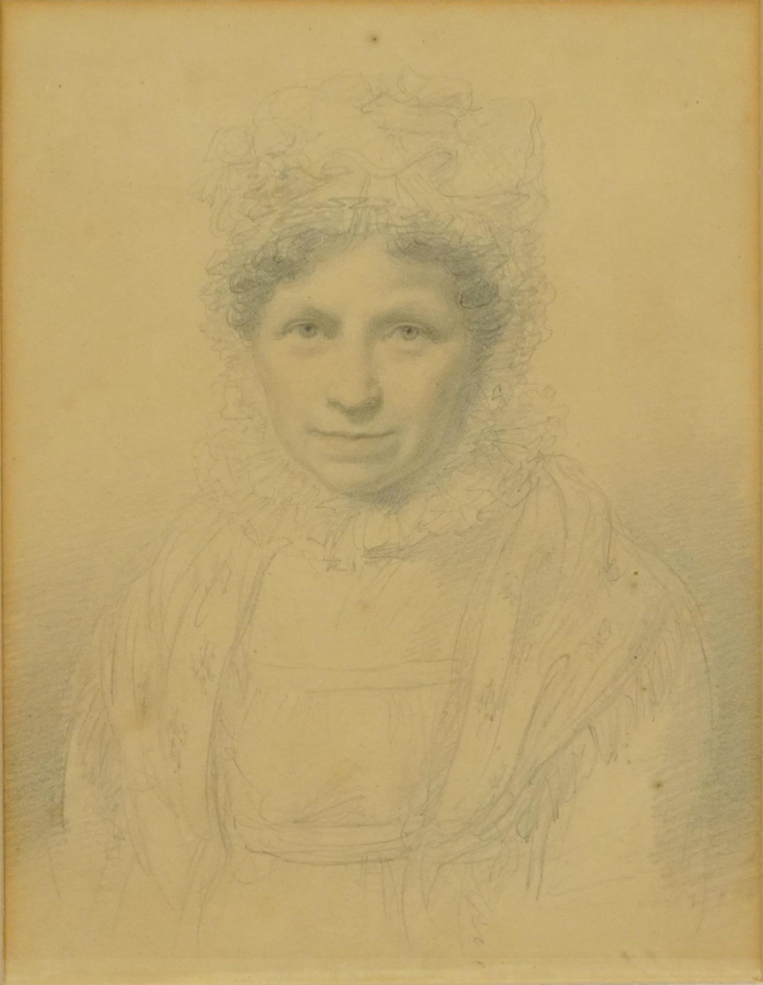 Head and shoulders portrait of a female wearing a shawl and bonnet, late 18th/early 19th century