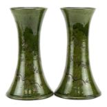 Ewenny, pair of Arts & Crafts green glazed vases incised with mottos, each incised Clay Pits Pottery