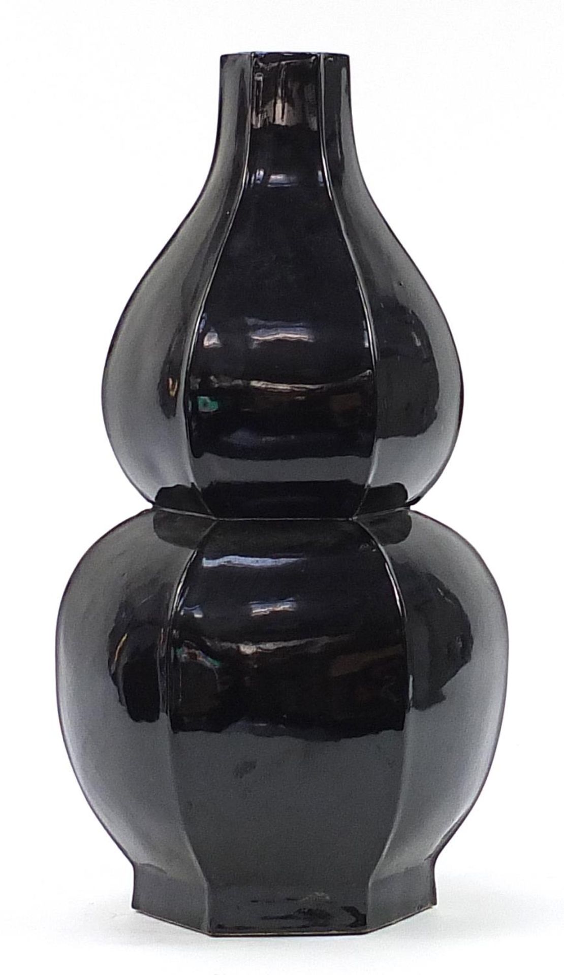 Large Chinese porcelain hexagonal double gourd vase having a black glaze, 64cm high - Bild 2 aus 3