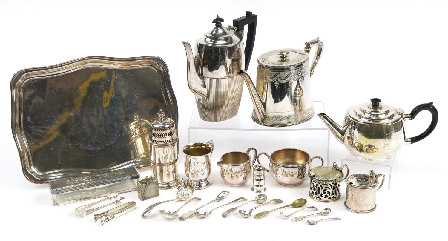 Victorian and later silverplate including teapots, coffee pot, large sifter and cruet