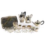 Victorian and later silverplate including teapots, coffee pot, large sifter and cruet
