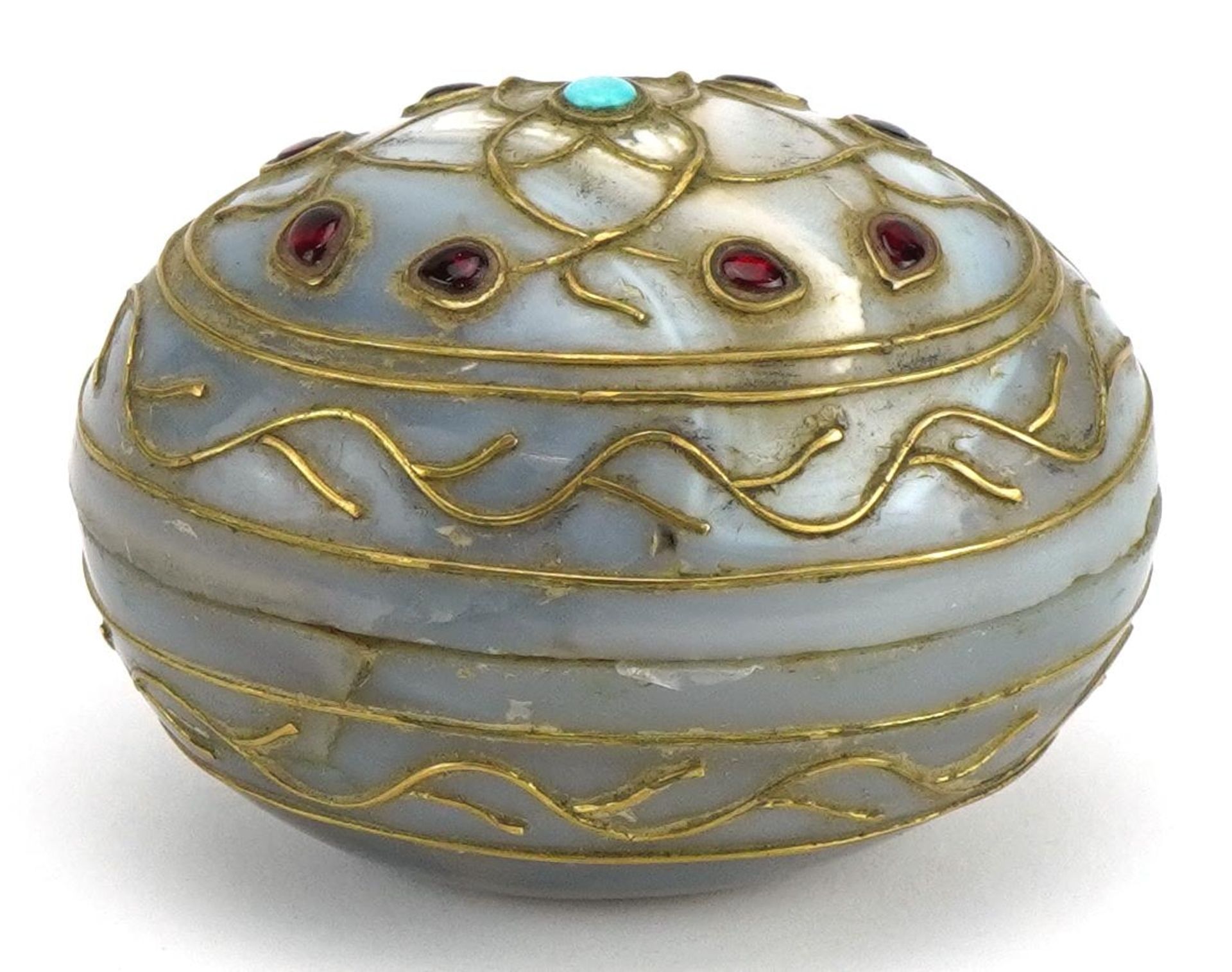 Islamic agate egg shaped box and cover inlaid with stone and metal inlay, 6cm in length