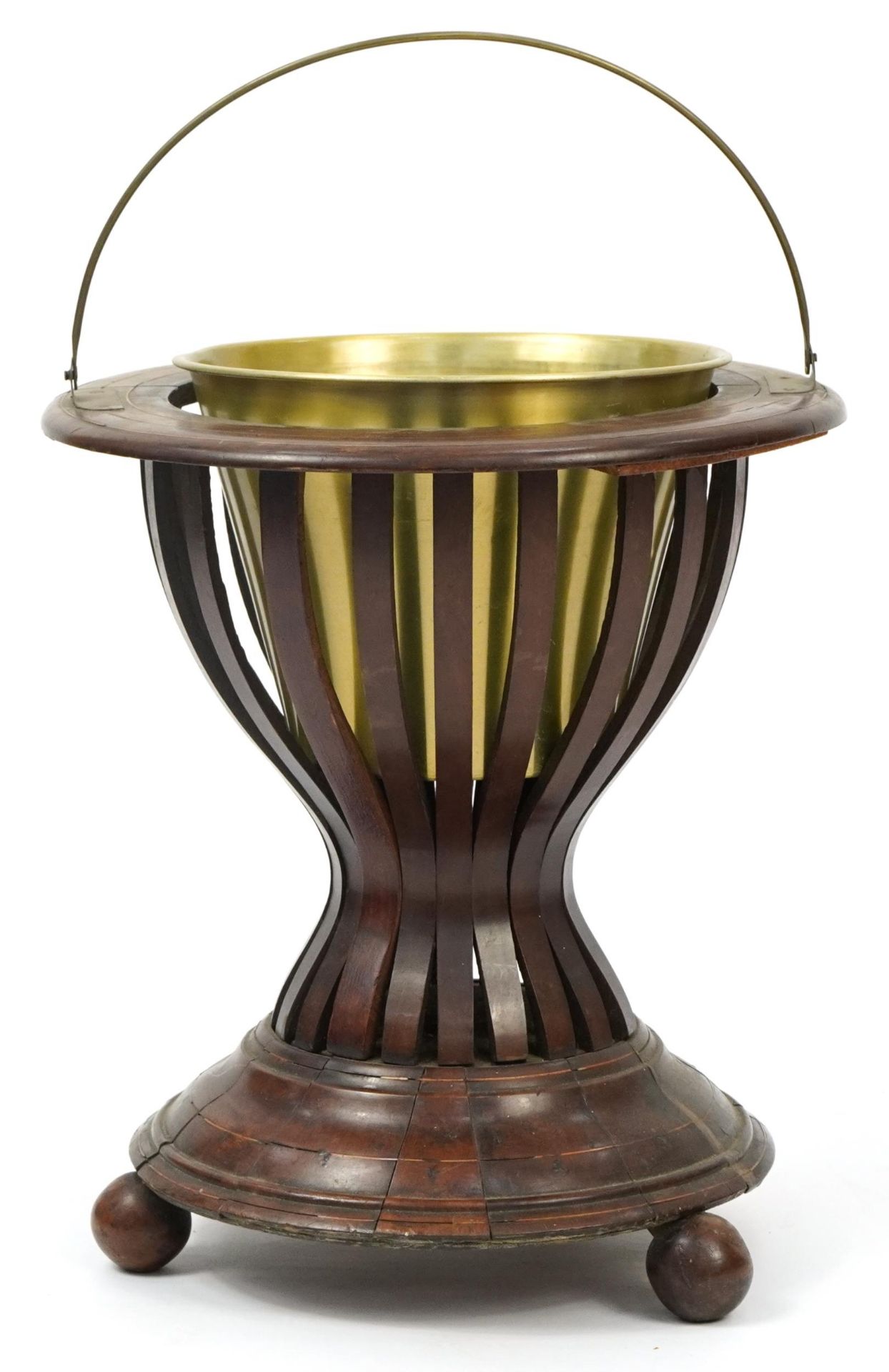 Regency style inlaid mahogany planter with brass liner and swing handle, 42cm high x 37cm in