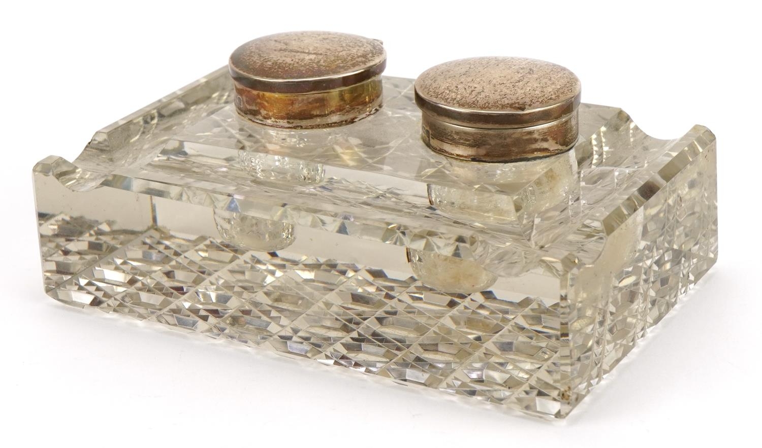 George VI rectangular cut glass desk stand with silver mounted twin inkwells by S Blanckensee & Son,