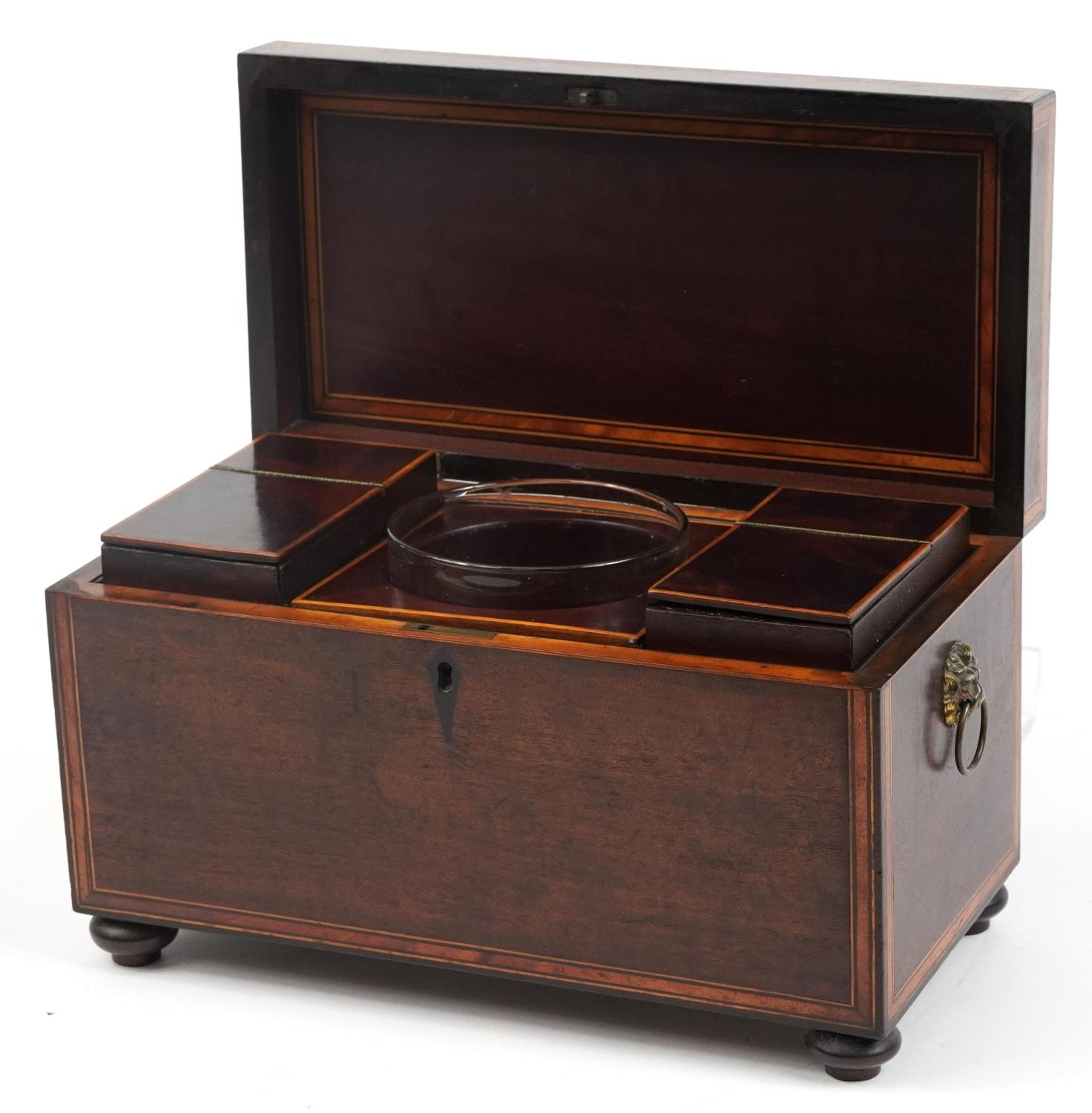 Early 19th century inlaid mahogany tea caddy having ring turned lion head handles, twin divisional - Image 3 of 5