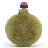 Chinese green jade snuff bottle carved with calligraphy and two figures, 6.5cm high