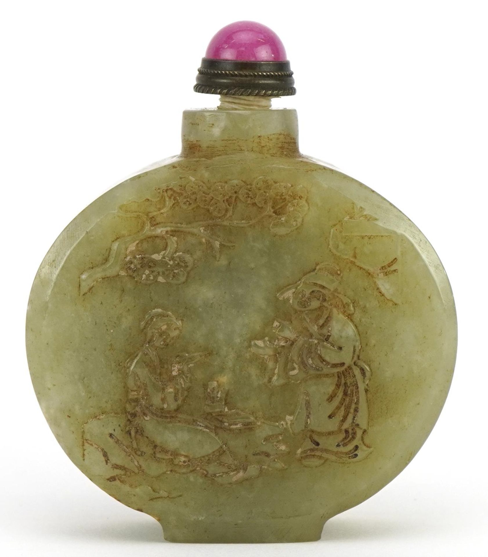 Chinese green jade snuff bottle carved with calligraphy and two figures, 6.5cm high