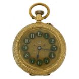 Ladies 14k gold pocket watch with engraved decoration, the case numbered 87866, 30mm in diameter,