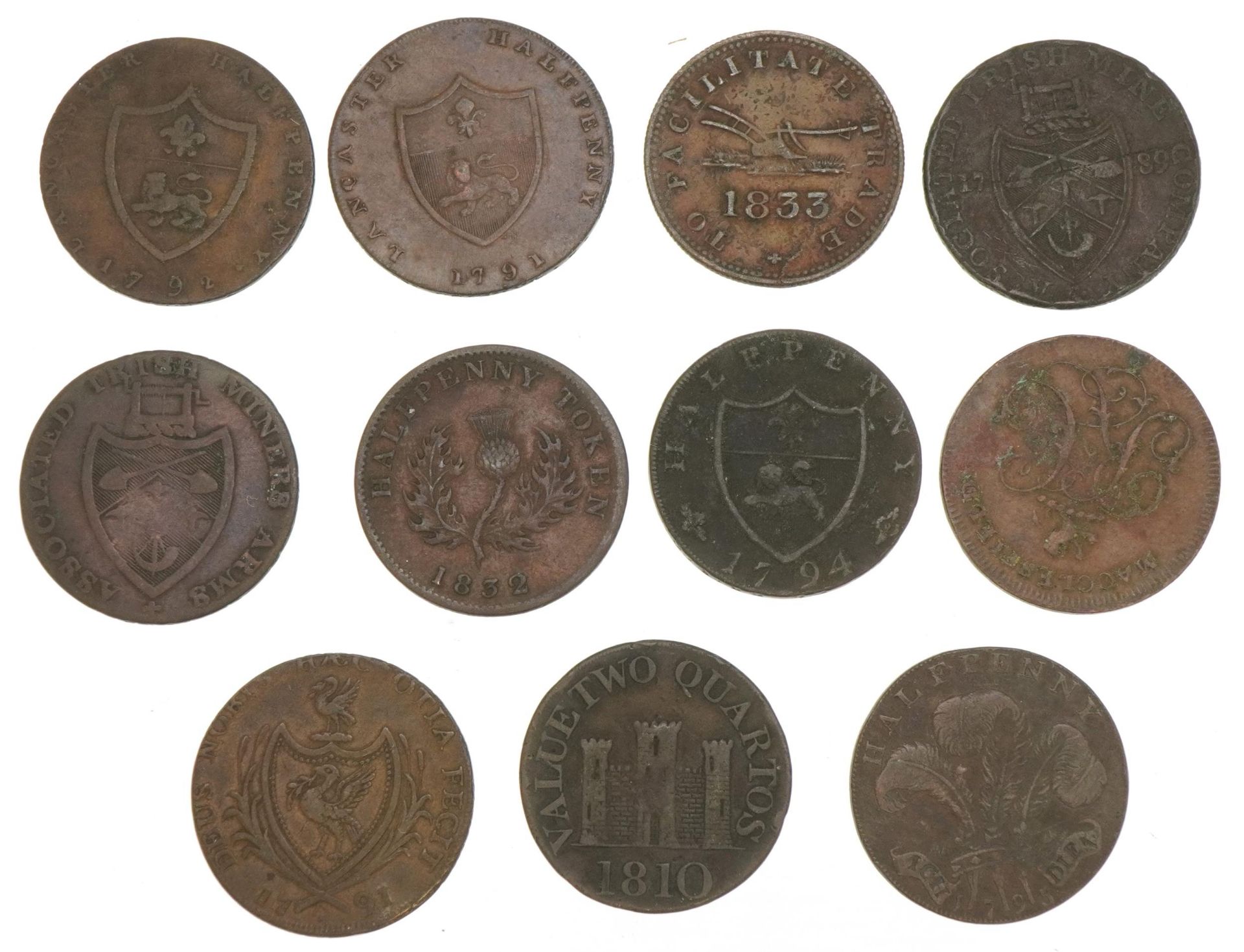 Eleven 18th century half penny tokens including Province of Nova Scotia and value two quartos - Image 2 of 2