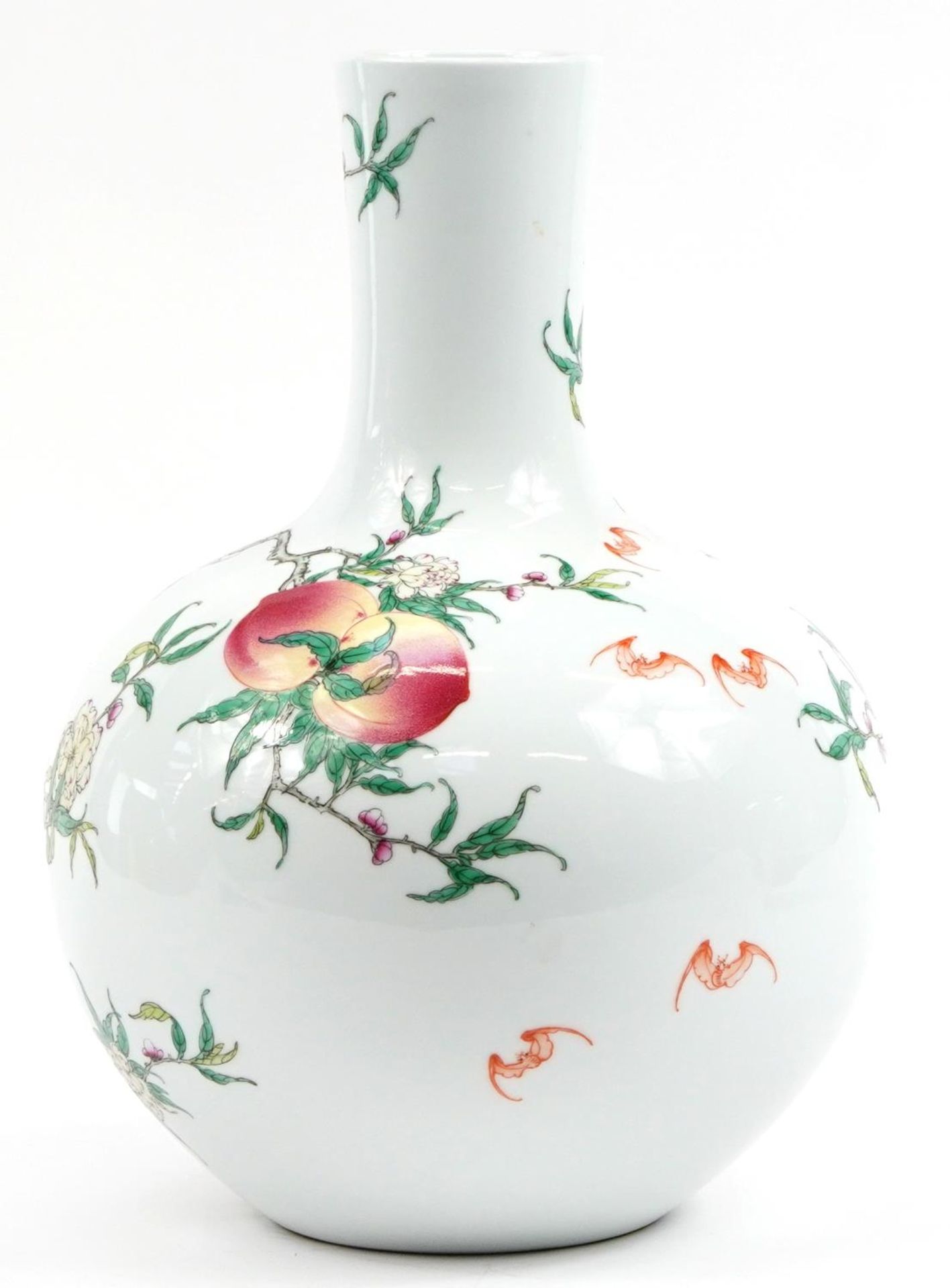 Large Chinese porcelain vase hand painted in the famille rose palette with peaches amongst - Image 2 of 3