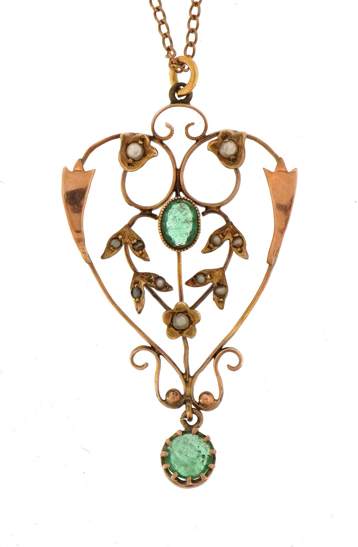 Edwardian 9ct rose gold emerald and seed pearl drop pendant on a 9ct rose gold necklace housed in