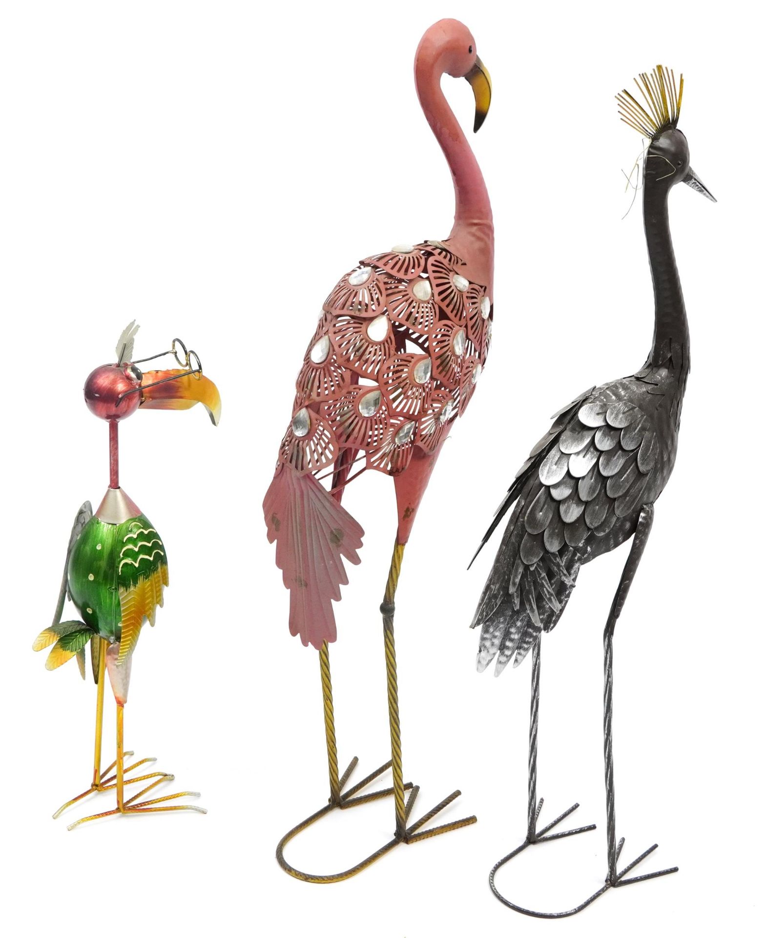 Three painted metal floor standing birds including a flamingo, the largest 97cm high - Bild 2 aus 2