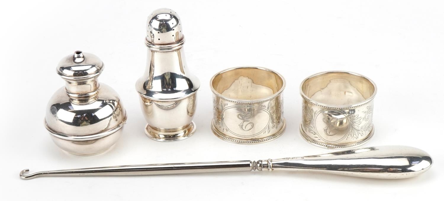 Edwardian and later silver objects including two napkin rings with engraved floral decoration,