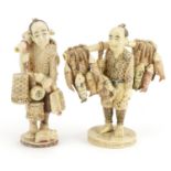 Pair of Japanese ivorine okimonos of street sellers including a fisherman, 20.5cm high