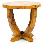 Art Deco style walnut effect circular occasional table, 55.5cm high x 58.5cm in diameter