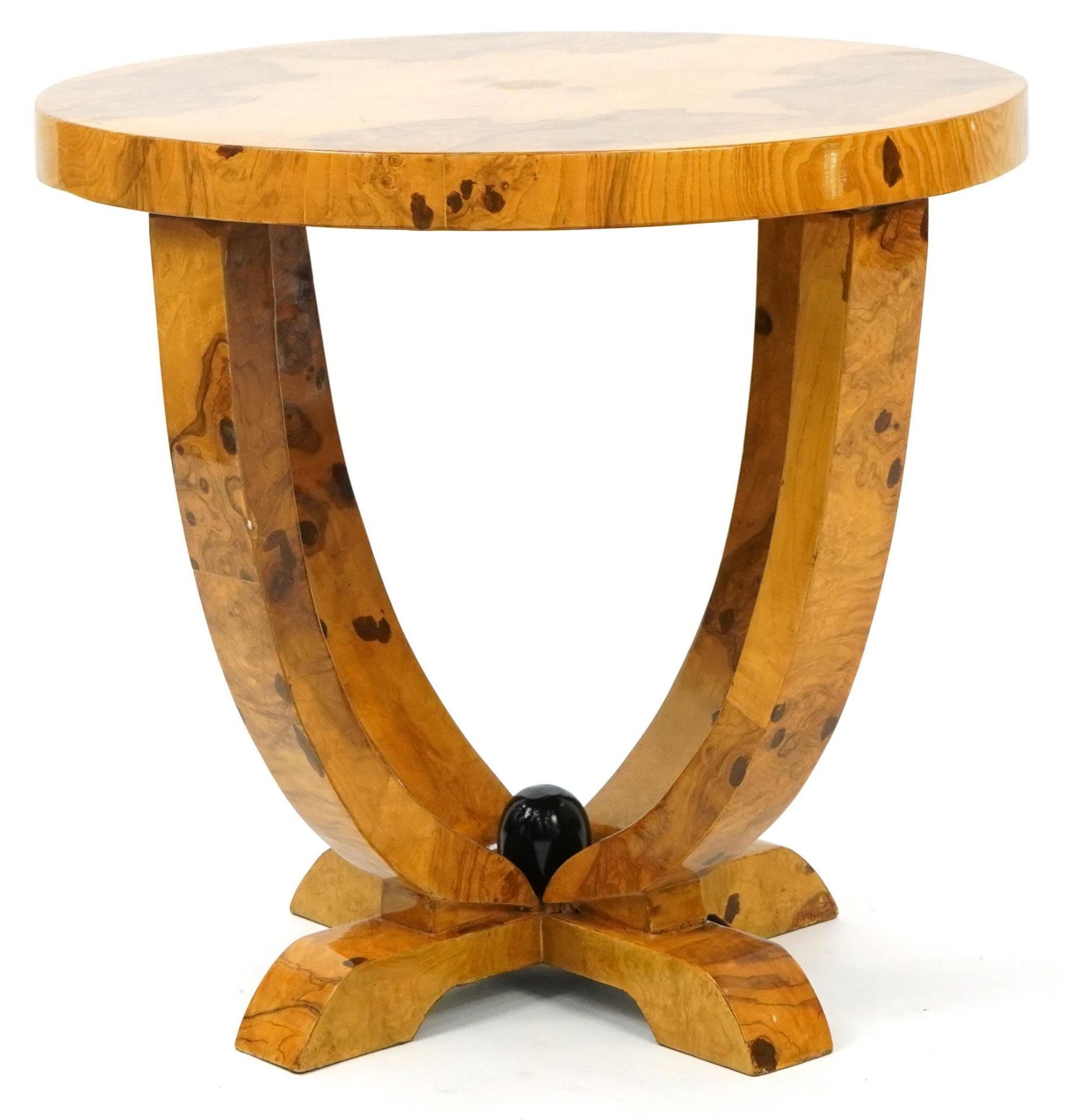 Art Deco style walnut effect circular occasional table, 55.5cm high x 58.5cm in diameter