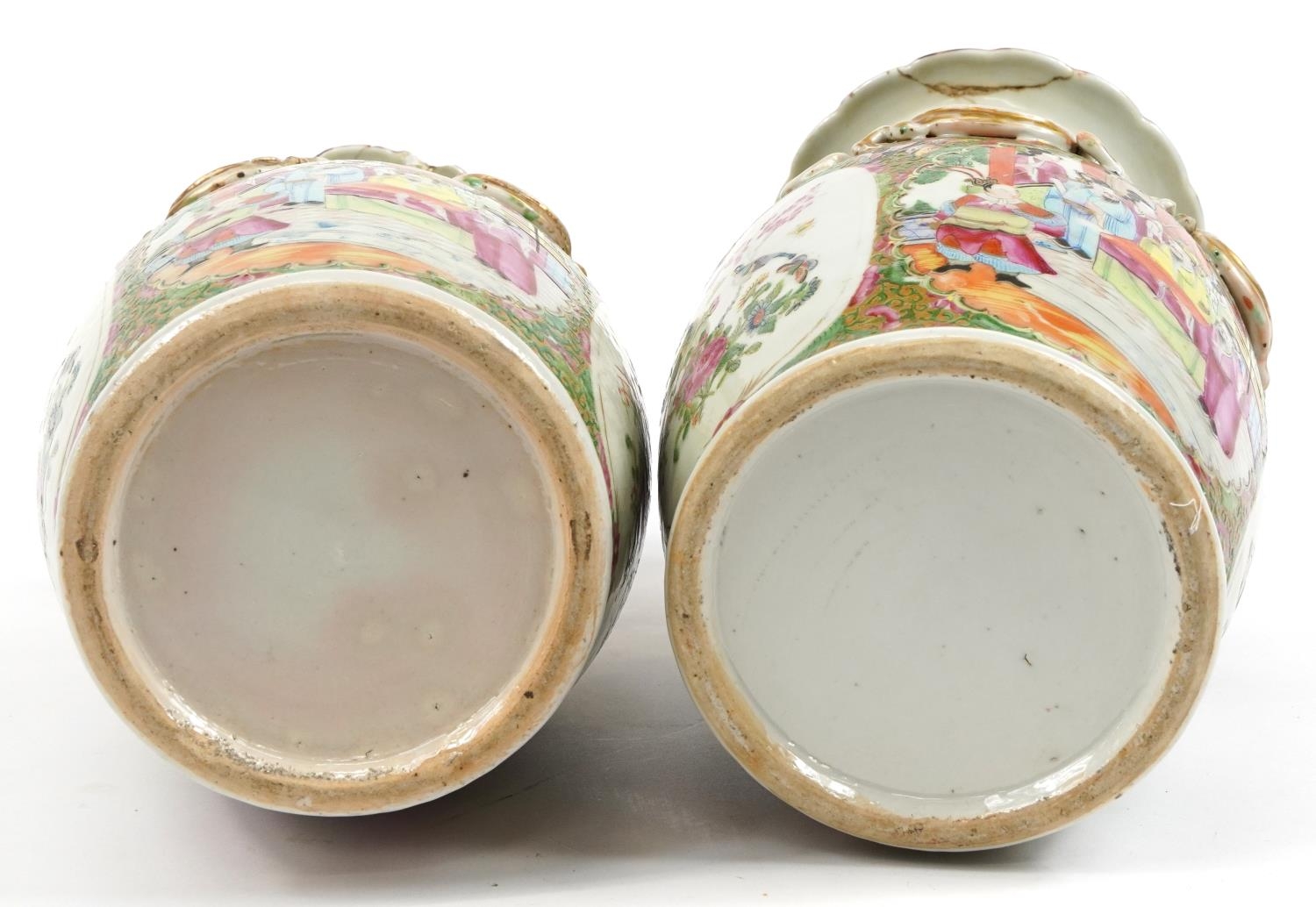 Pair of Chinese Canton porcelain vases with twin handles, each hand painted in the famille rose - Image 3 of 3