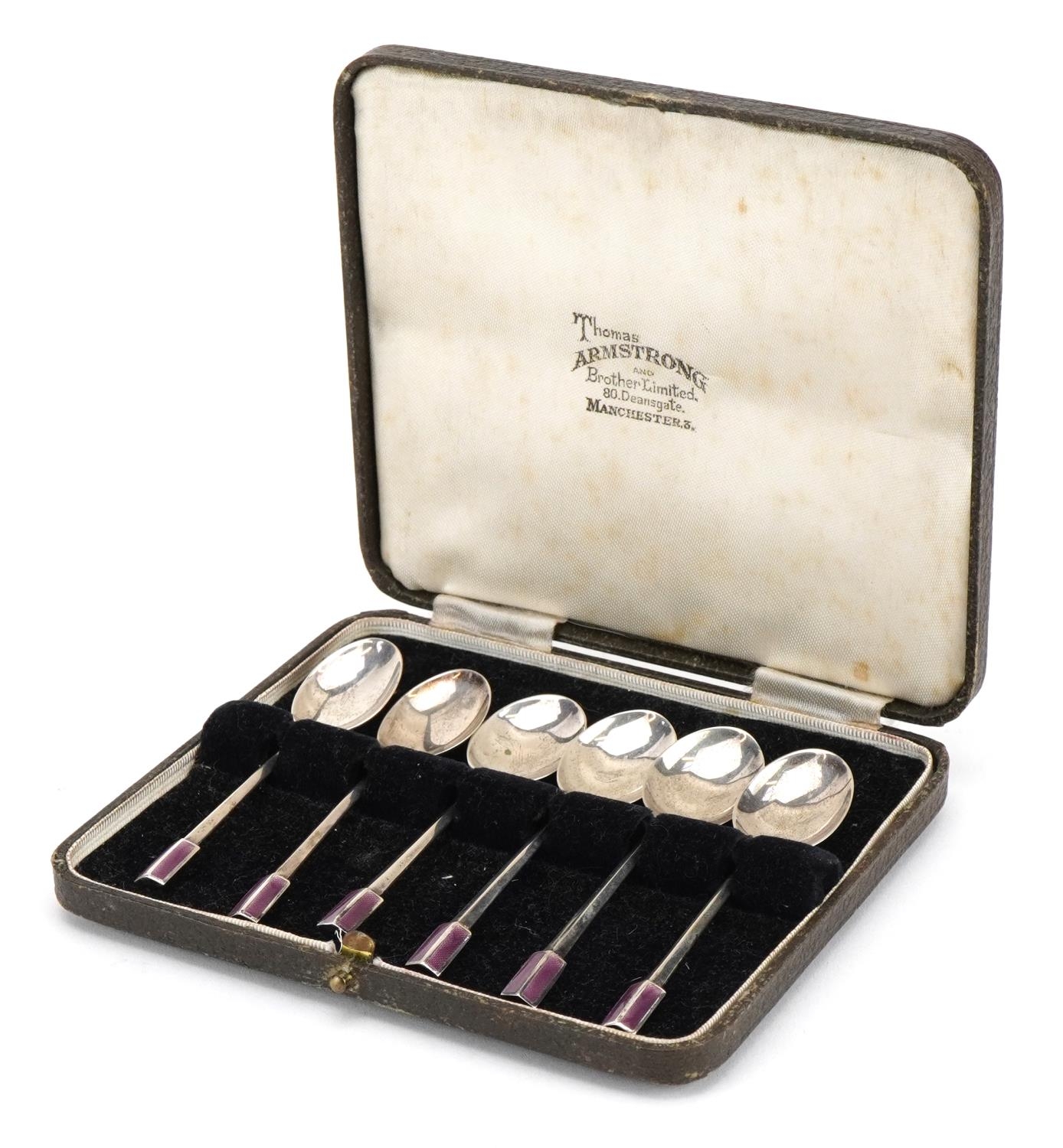 Charles S Green & Co Ltd, cased set of six silver and enamel Art Deco teaspoons, each 9.5cm in