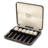 Charles S Green & Co Ltd, cased set of six silver and enamel Art Deco teaspoons, each 9.5cm in