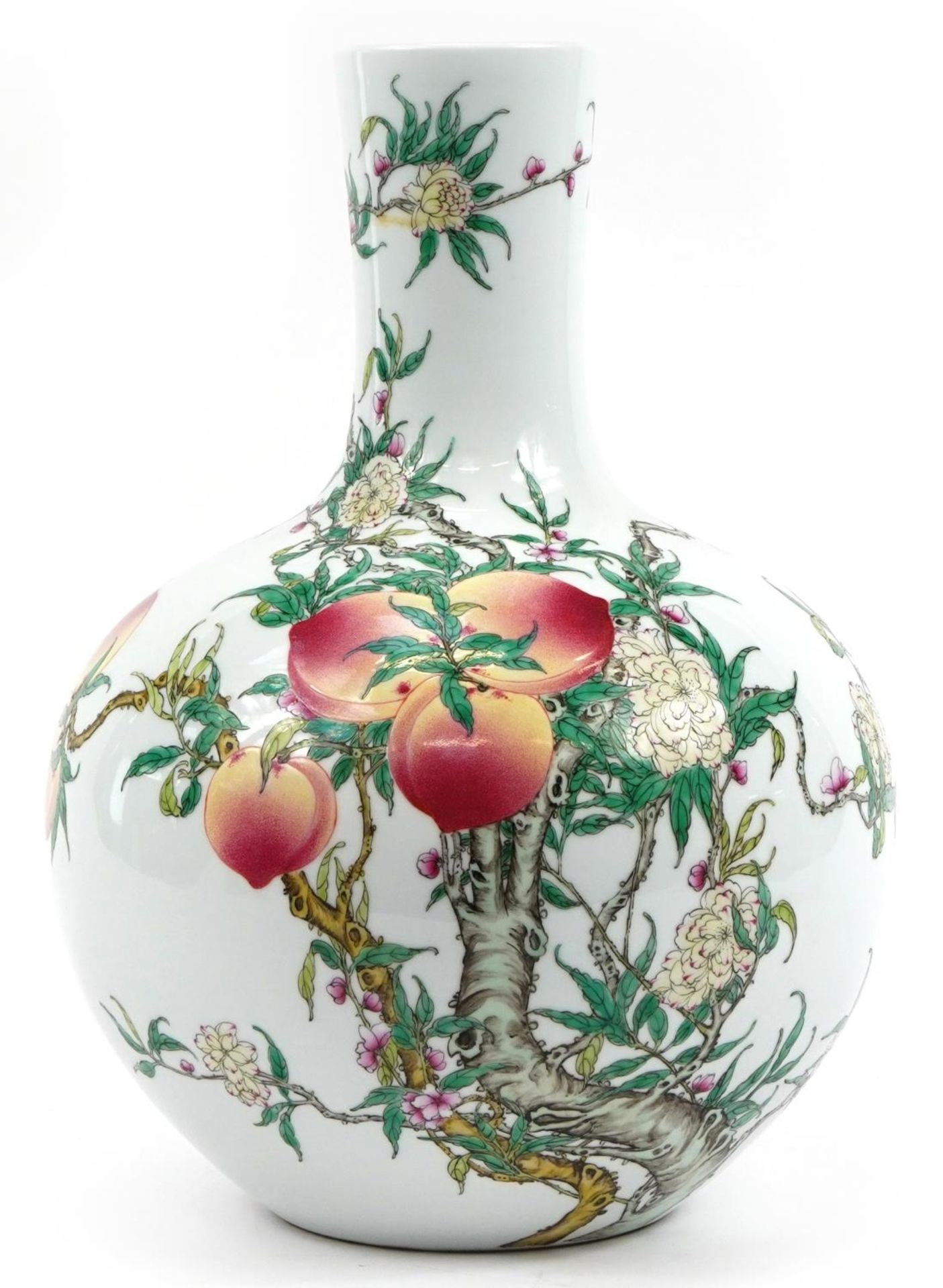 Large Chinese porcelain vase hand painted in the famille rose palette with peaches amongst