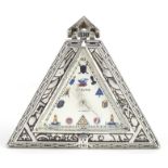 Masonic interest silver triangular pocket watch, 5cm high, 51.1g