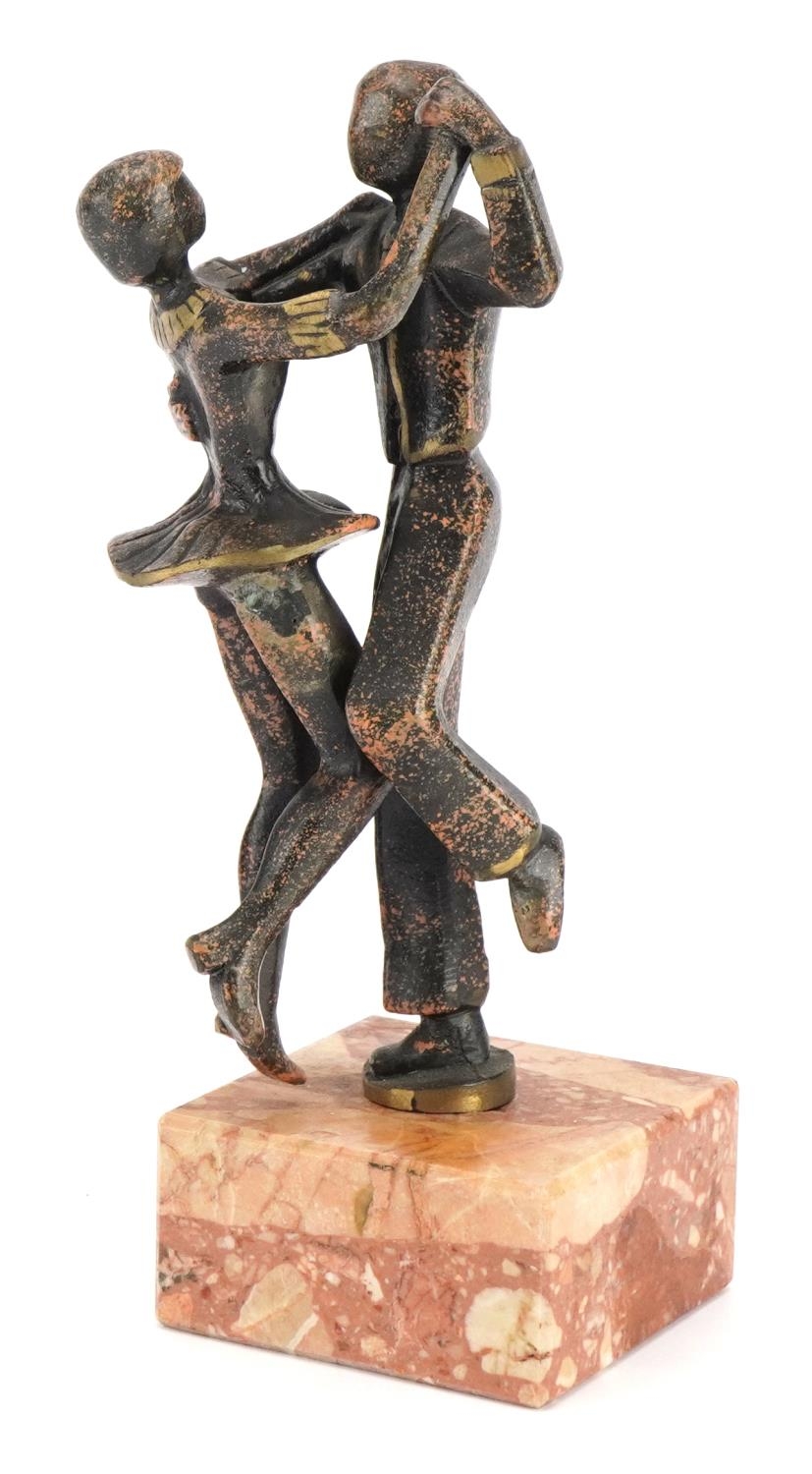 Mid century style bronze study of ballroom dancers raised on a marble base, 23cm high