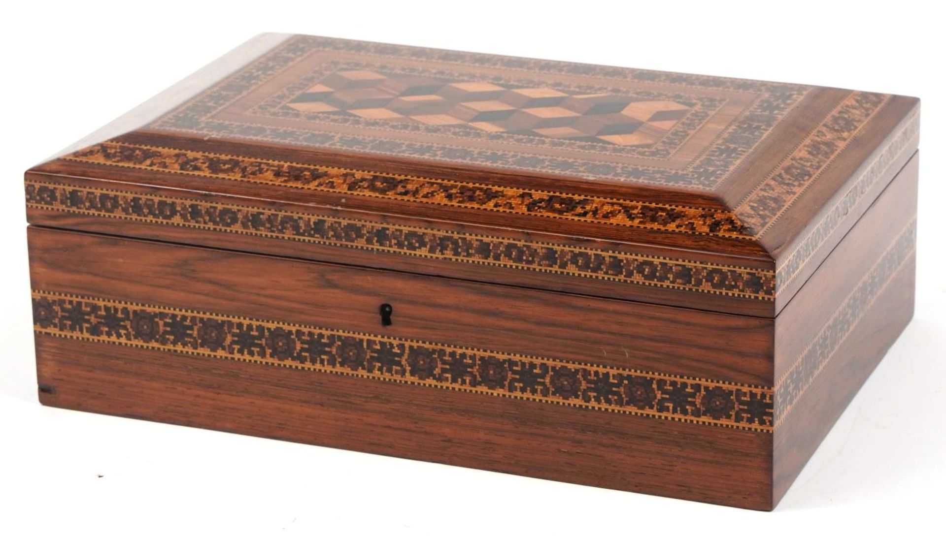 Victorian Tunbridge Ware casket with tumbling block design hinged lid and velvet lined interior,