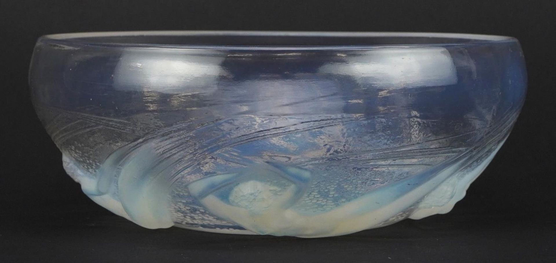 Rene Lalique, Art Deco Ondines pattern opalescent glass bowl, etched R Lalique to the base, 20cm