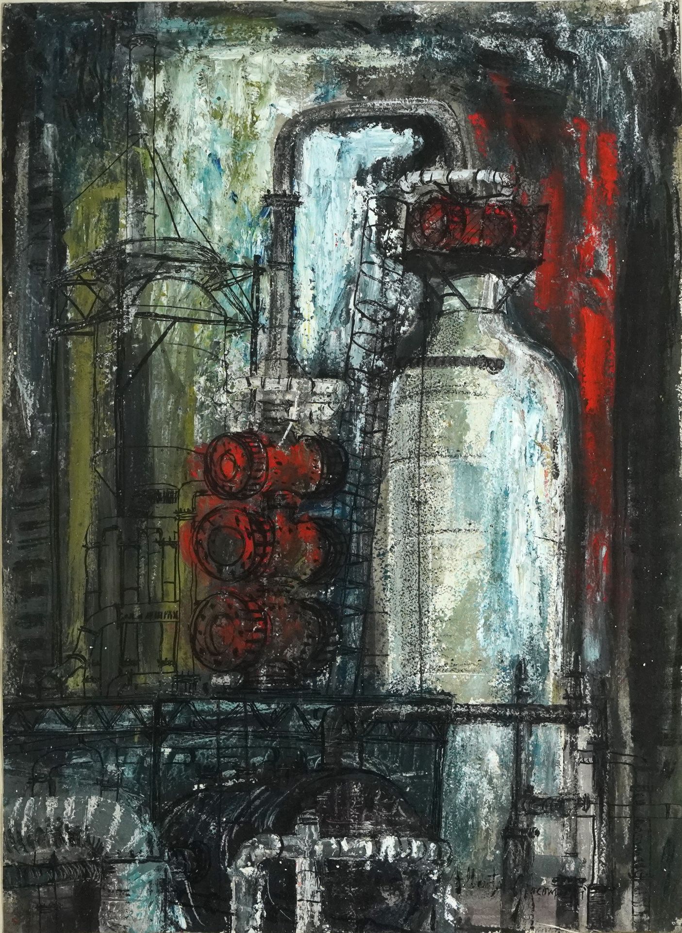 Abstract composition, industrial scene, gouache, mounted, framed and glazed, 66cm x 49cm excluding