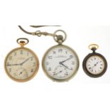 Three pocket watches including Cymrex Answers and Brignall St Leonards & Hastings, one with white