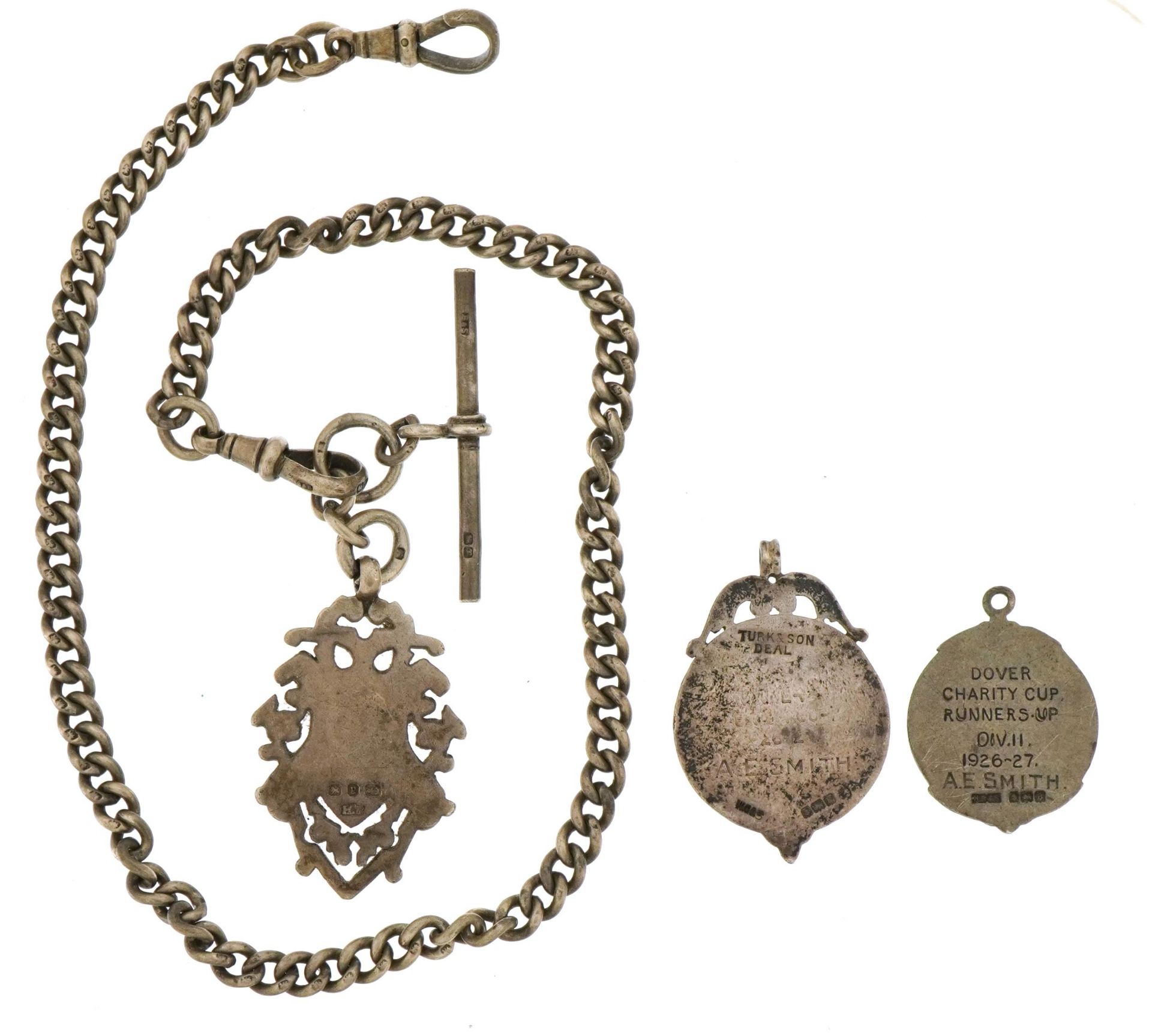 Victorian silver watch chain, T bar and jewel and two others including Dover Charity Cup 1926-27, - Image 3 of 3