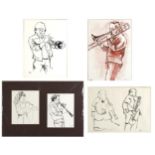 Karel Lek - Jazz Musicians playing instruments, five Welsh mixed medias and inks including Oscar