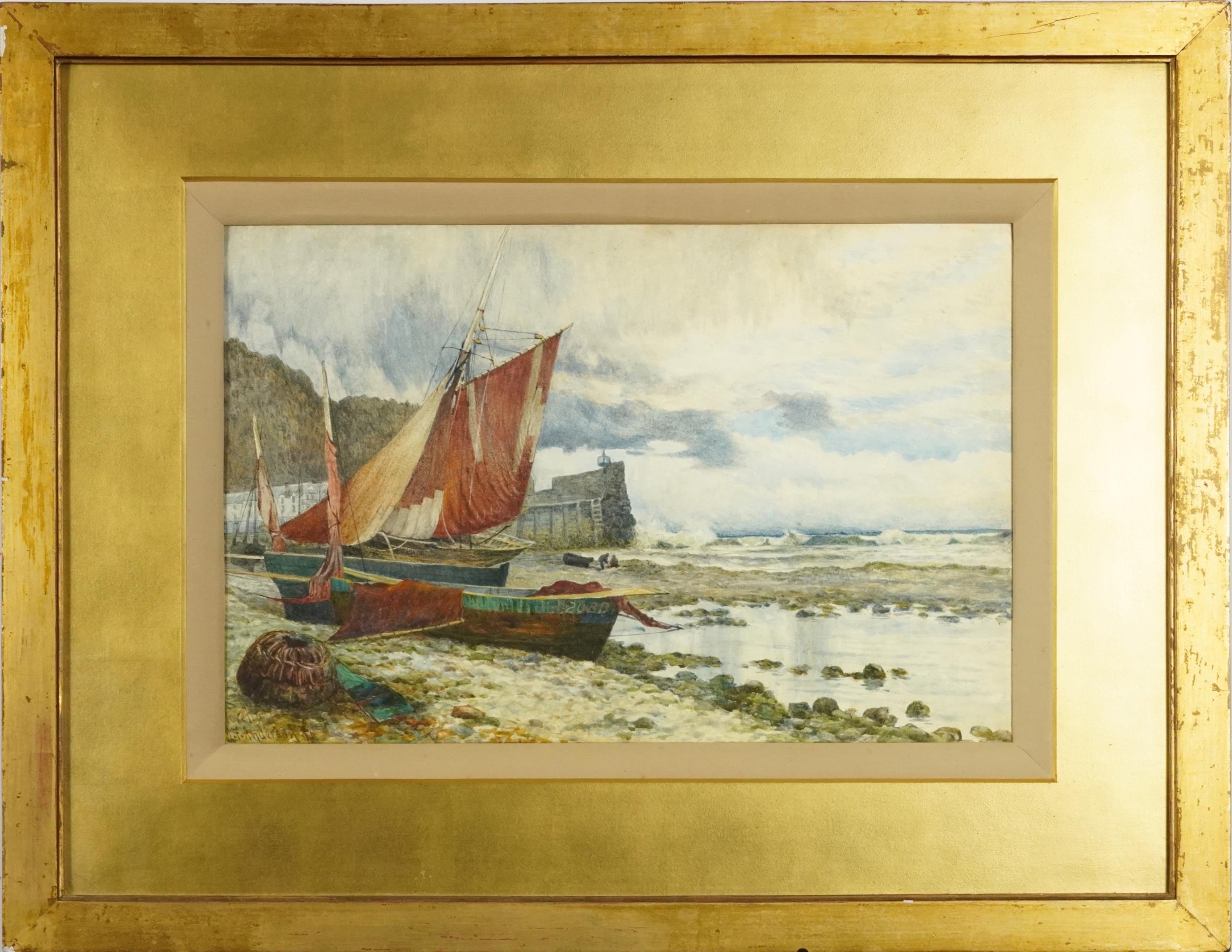 J F Anderson '91 - Coastal landscape with moored fishing boats before a lighthouse, late 19th - Image 2 of 4