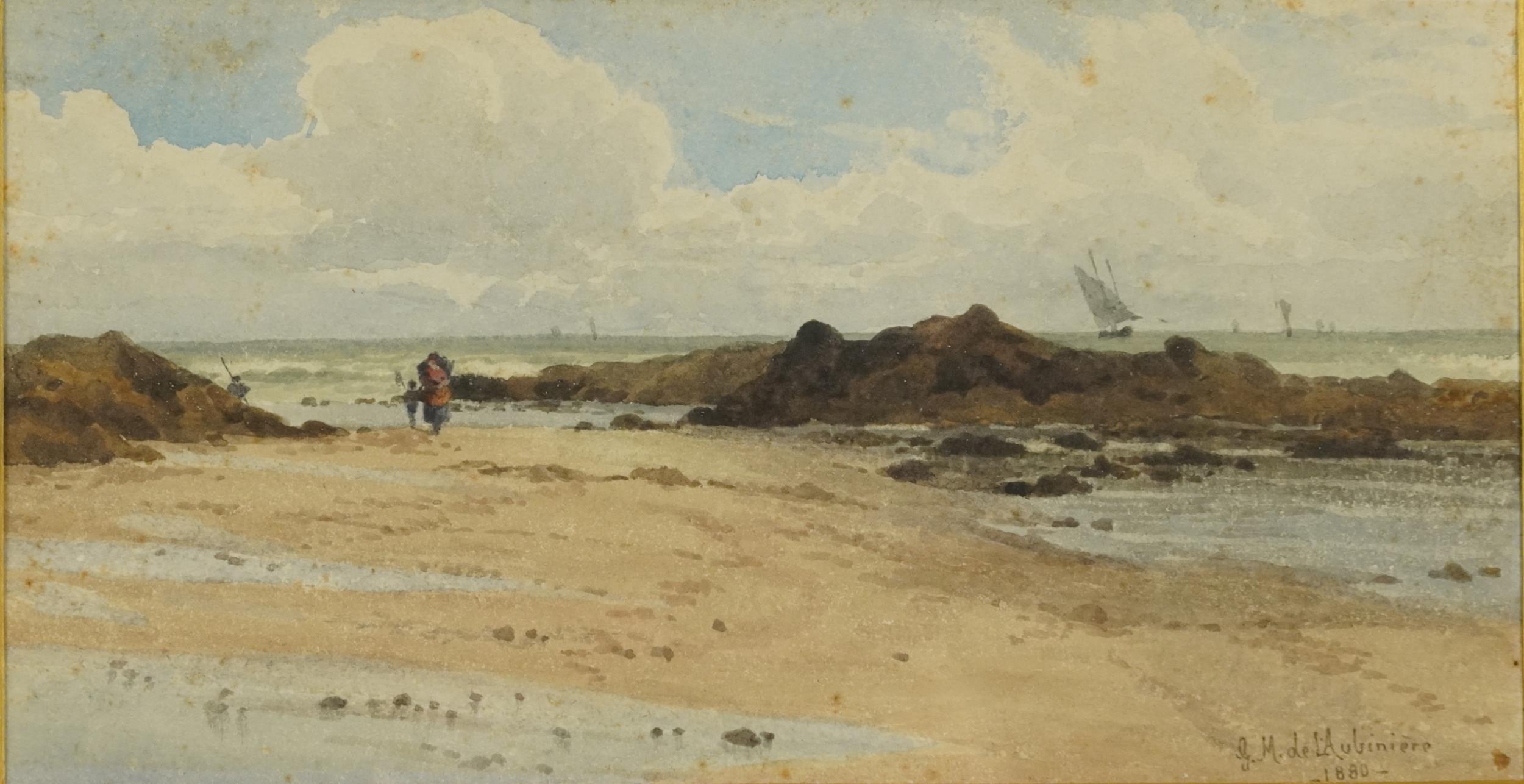 Georgina de L'Aubiniere 1880 - Coastal scene with figures, late 19th century watercolour, mounted,