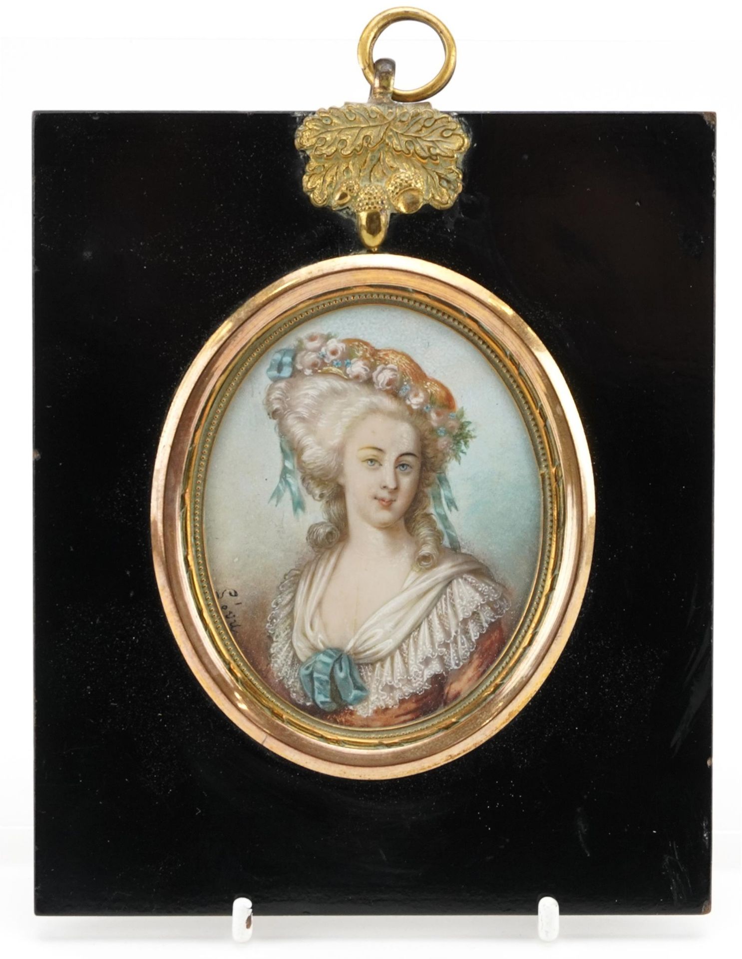 Oval hand painted portrait miniature of a young female wearing a bonnet and shawl, possibly Marie