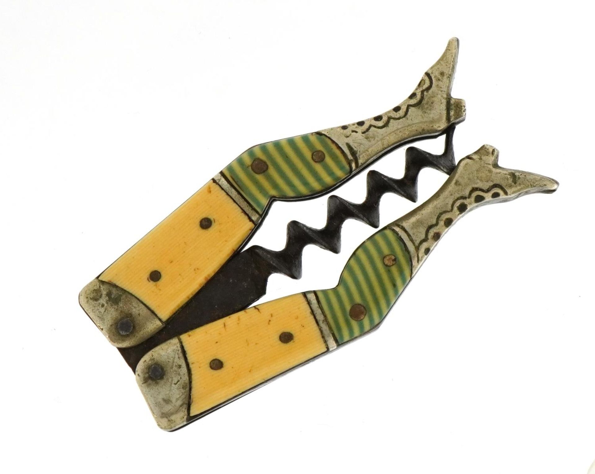 Antique German celluloid legs design corkscrew with steel worm, 13cm wide when open - Bild 3 aus 3